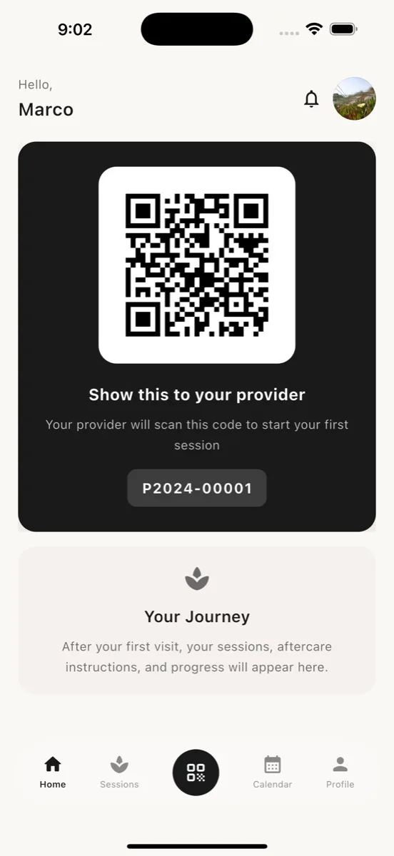 Ricorda ID home screen showing the client’s QR passport code used to start a session